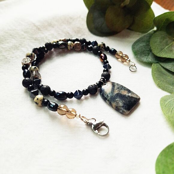 Beaded Jasper Pendant Necklace, Boho Grunge Necklace, Hippie Goth Choker - Picture 7 of 9